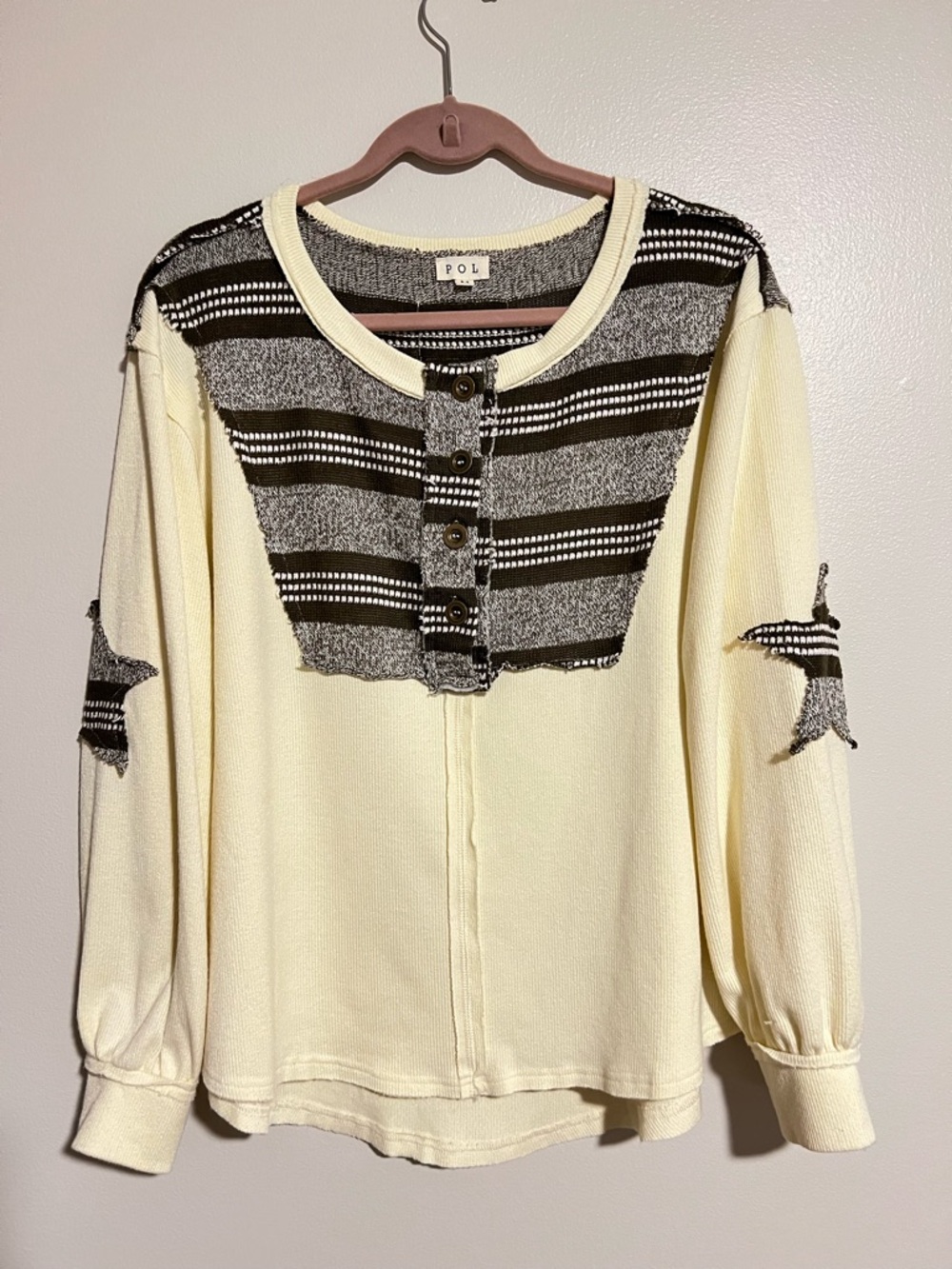 POL Cream Long Sleeve Top with Black & Gray Striped Yoke